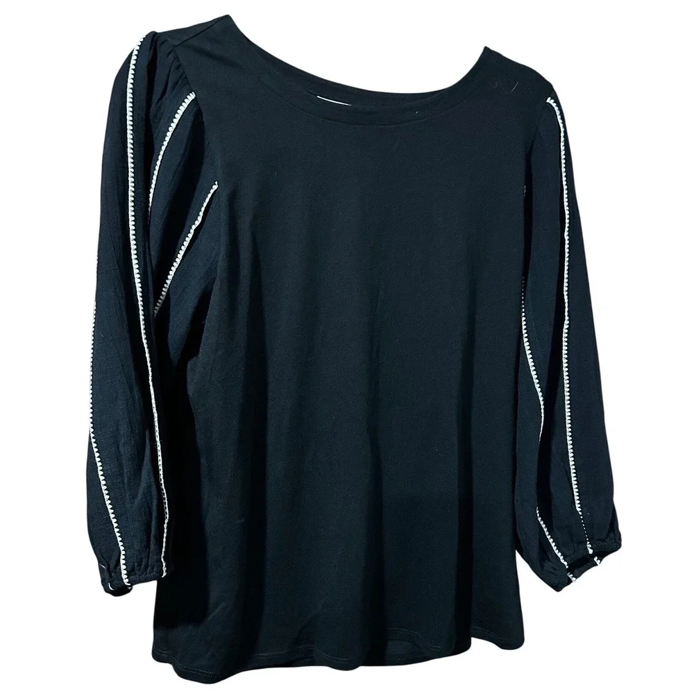 J. Jill Embroidered Gauze Top Black‎ White Contrast Stitch Pleated Sleeve Small